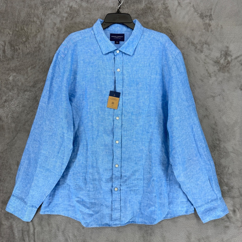 Charles Tyrwhitt Linen Shirt Mens XXL Slim Fit Ocean Blue Button-Down NEW